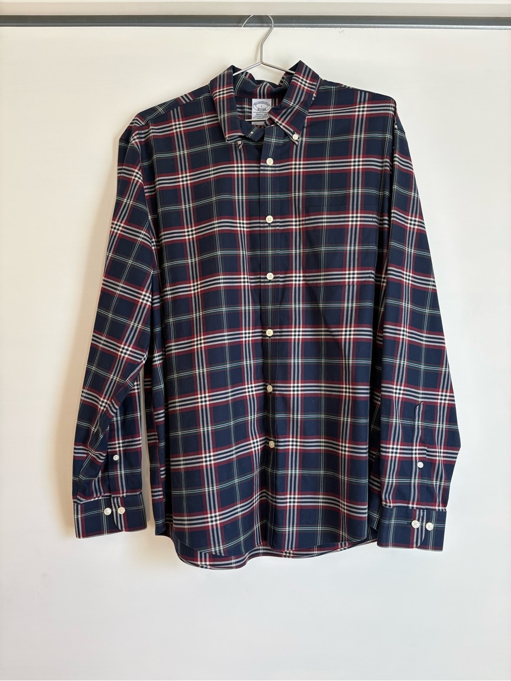 Brooks Brothers Navy Plaid Button-Down Shirt with Red and White Grid